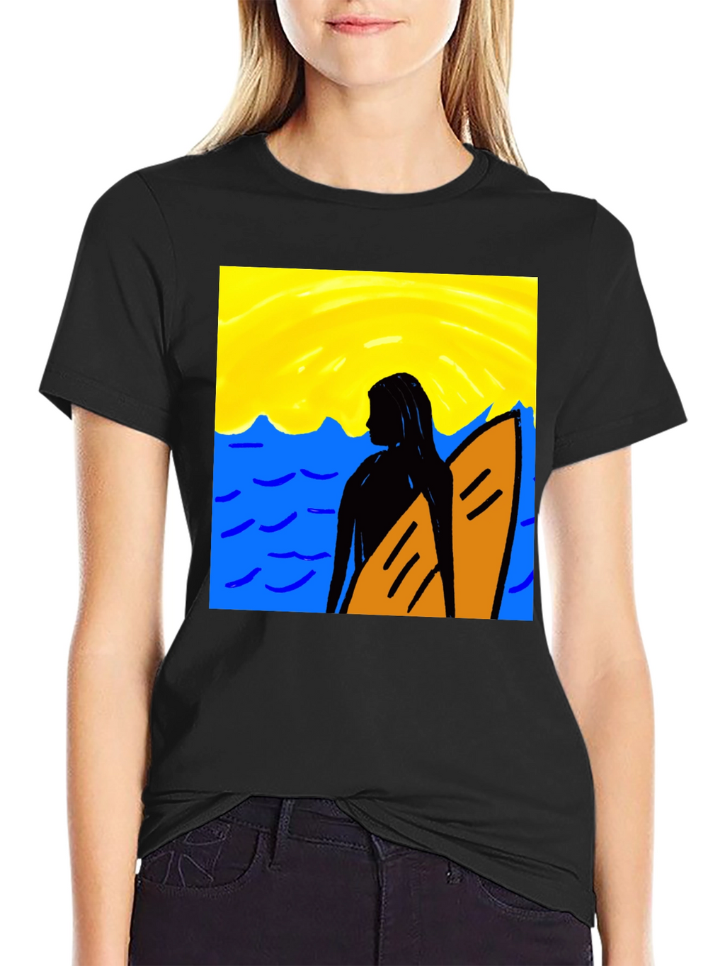 Surfer Girl Graphic Tee - Black Cotton T-Shirt