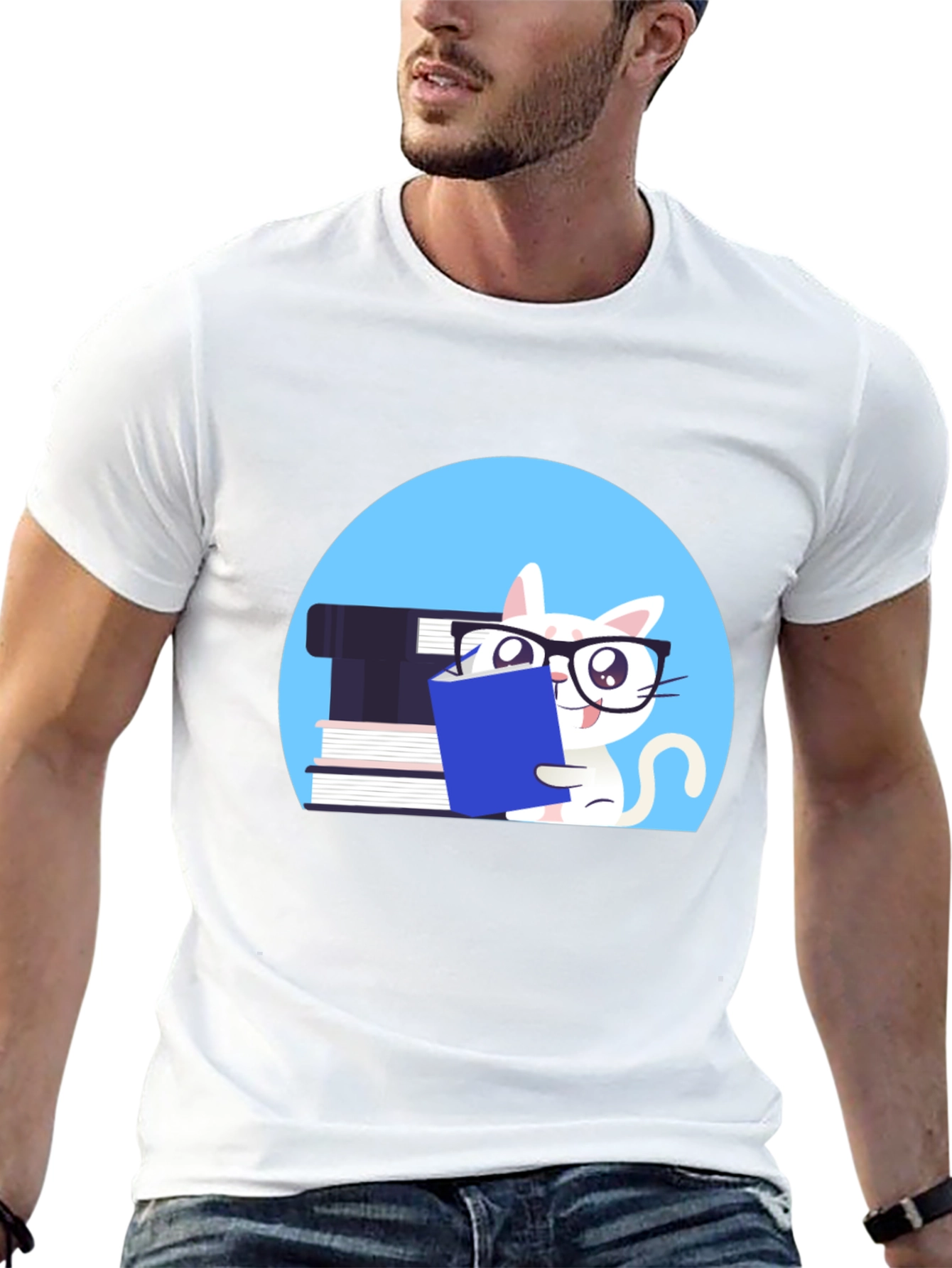 Reading Cat Graphic Tee - Unisex Cotton T-Shirt