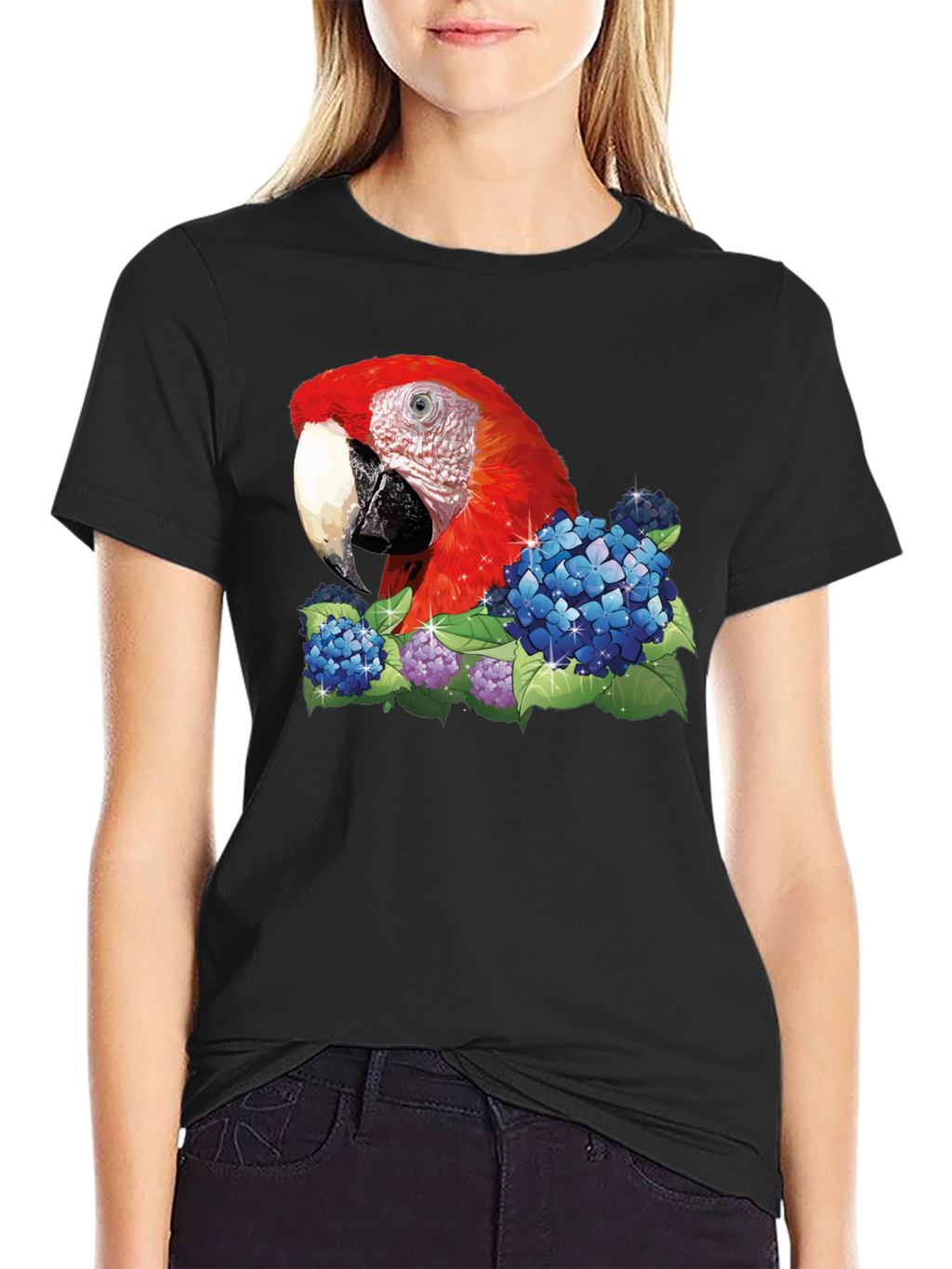 Parrot & Flowers Graphic T-Shirt - Black