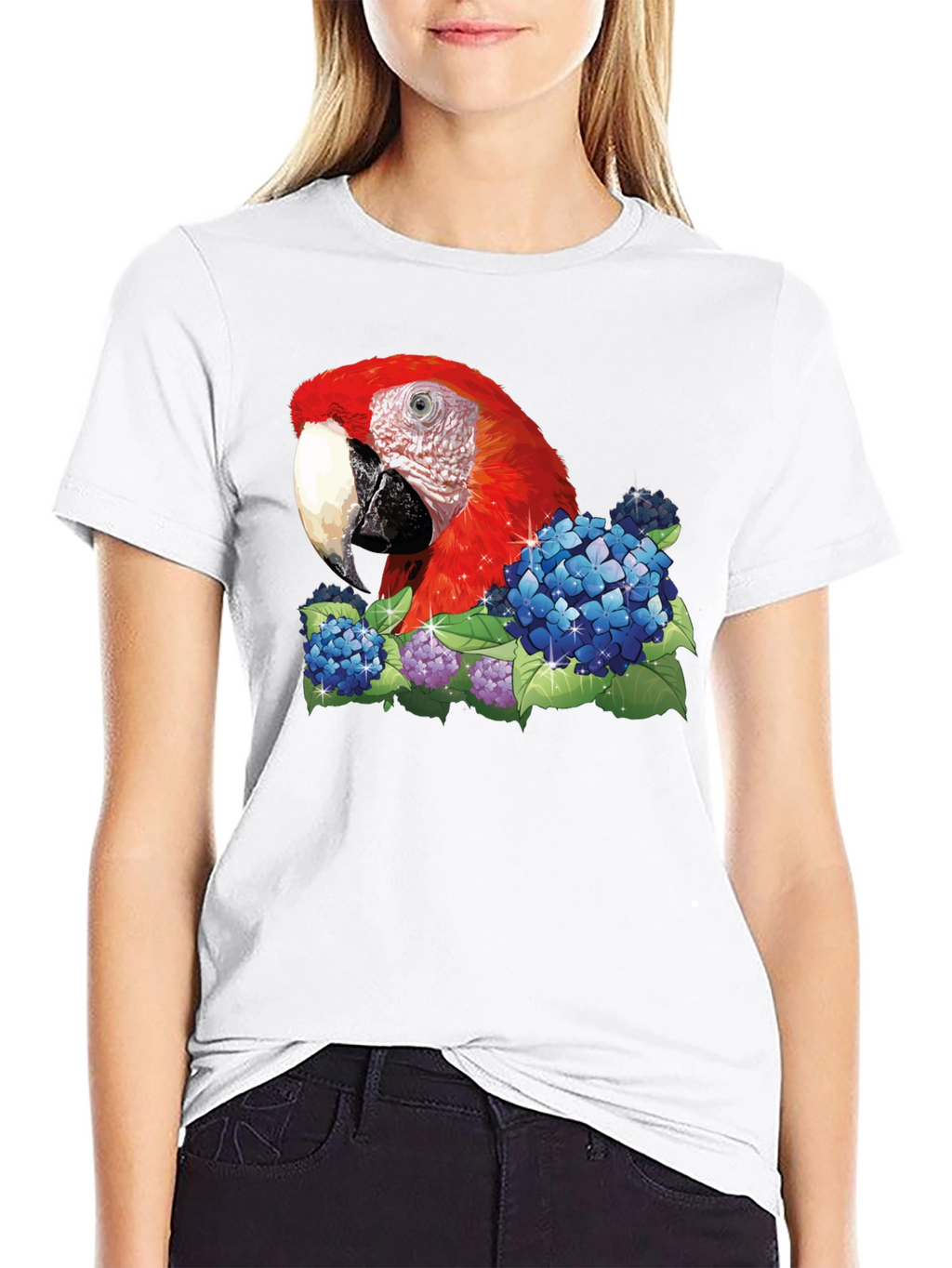 Parrot & Flowers Graphic T-Shirt - Black