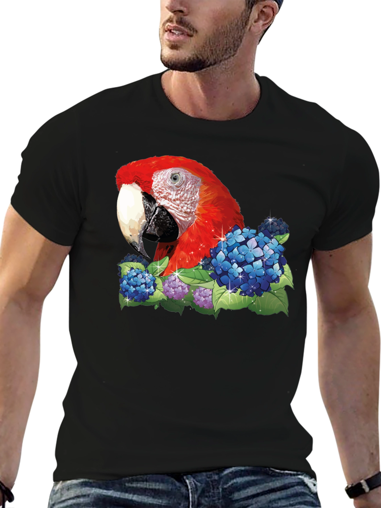 Parrot & Flowers Graphic T-Shirt - Black