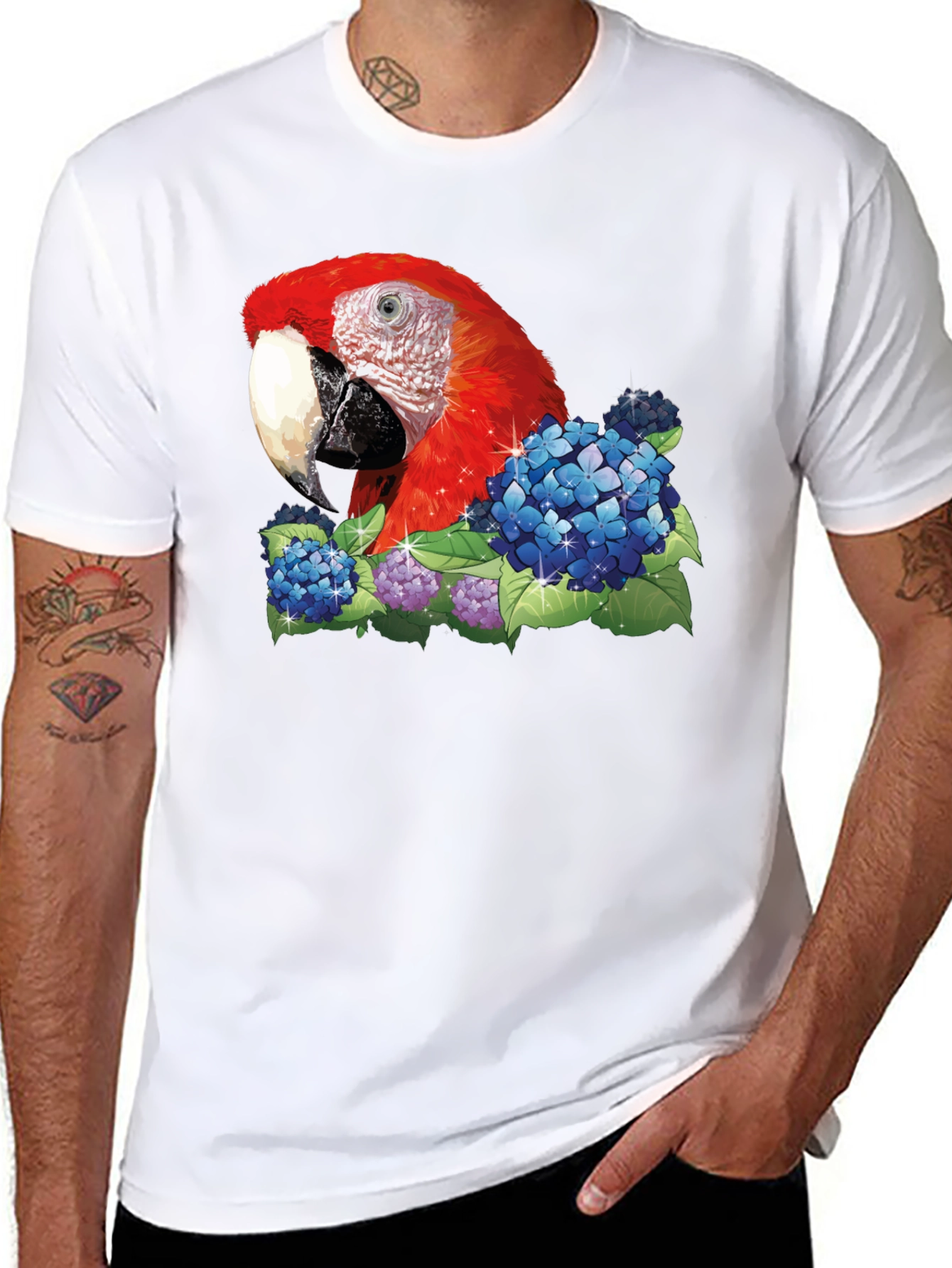 Parrot & Flowers Graphic T-Shirt - Black