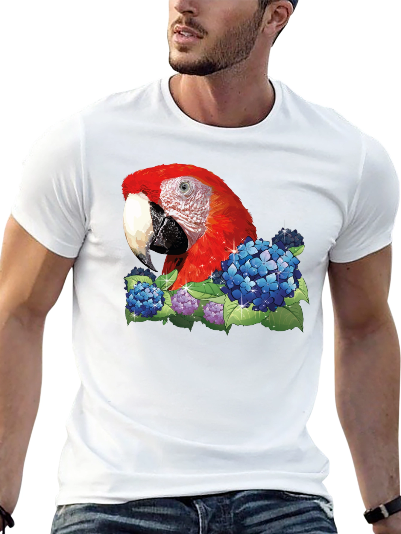 Parrot & Flowers Graphic T-Shirt - Black