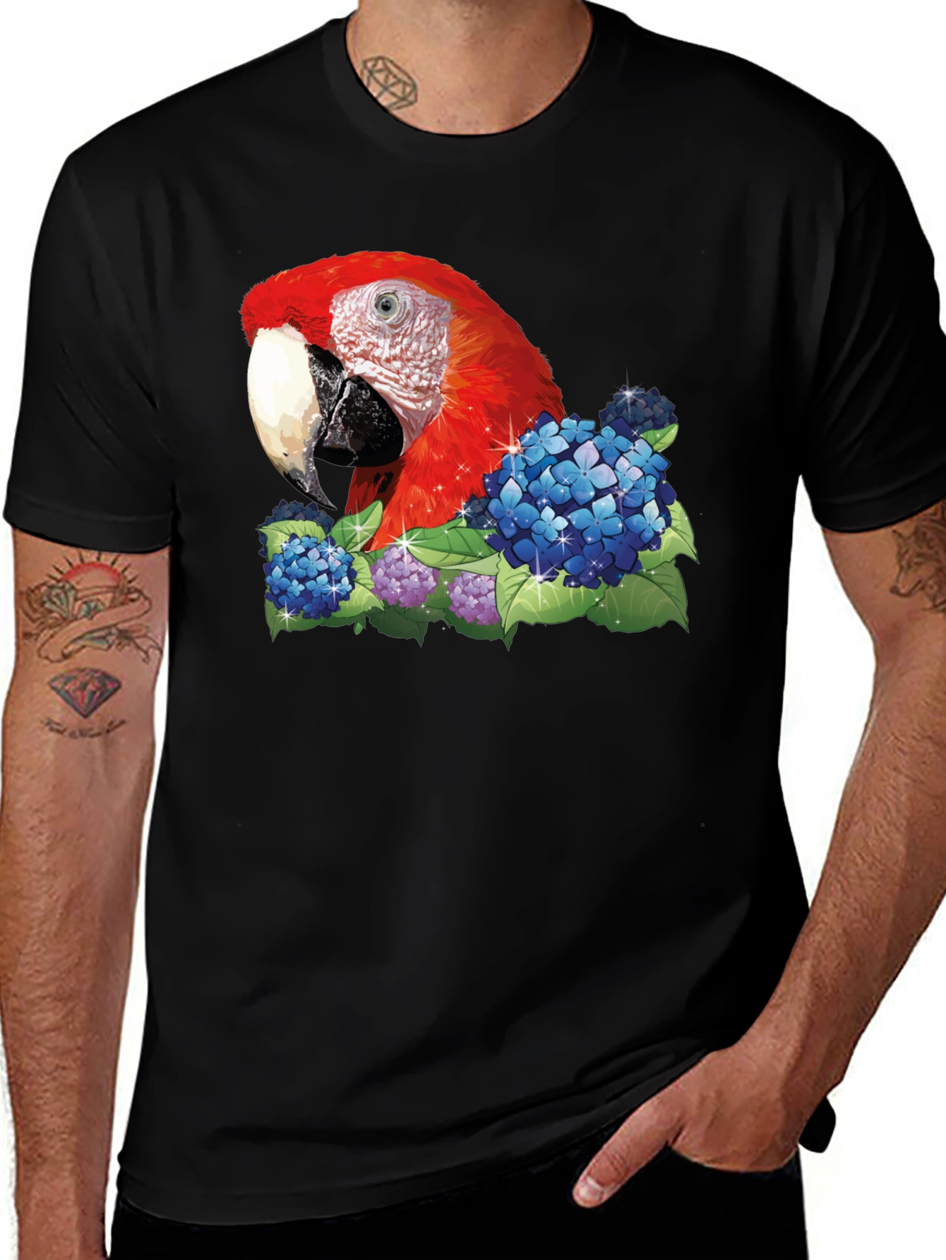 Parrot & Flowers Graphic T-Shirt - Black