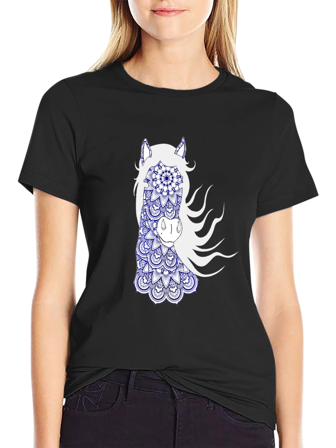 Black T-Shirt with Horse Mandala Graphic