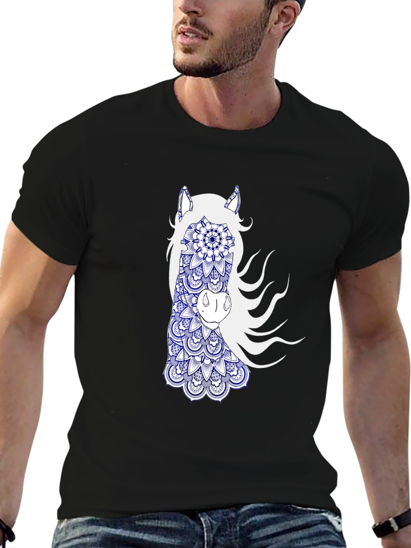 Black T-Shirt with Horse Mandala Graphic