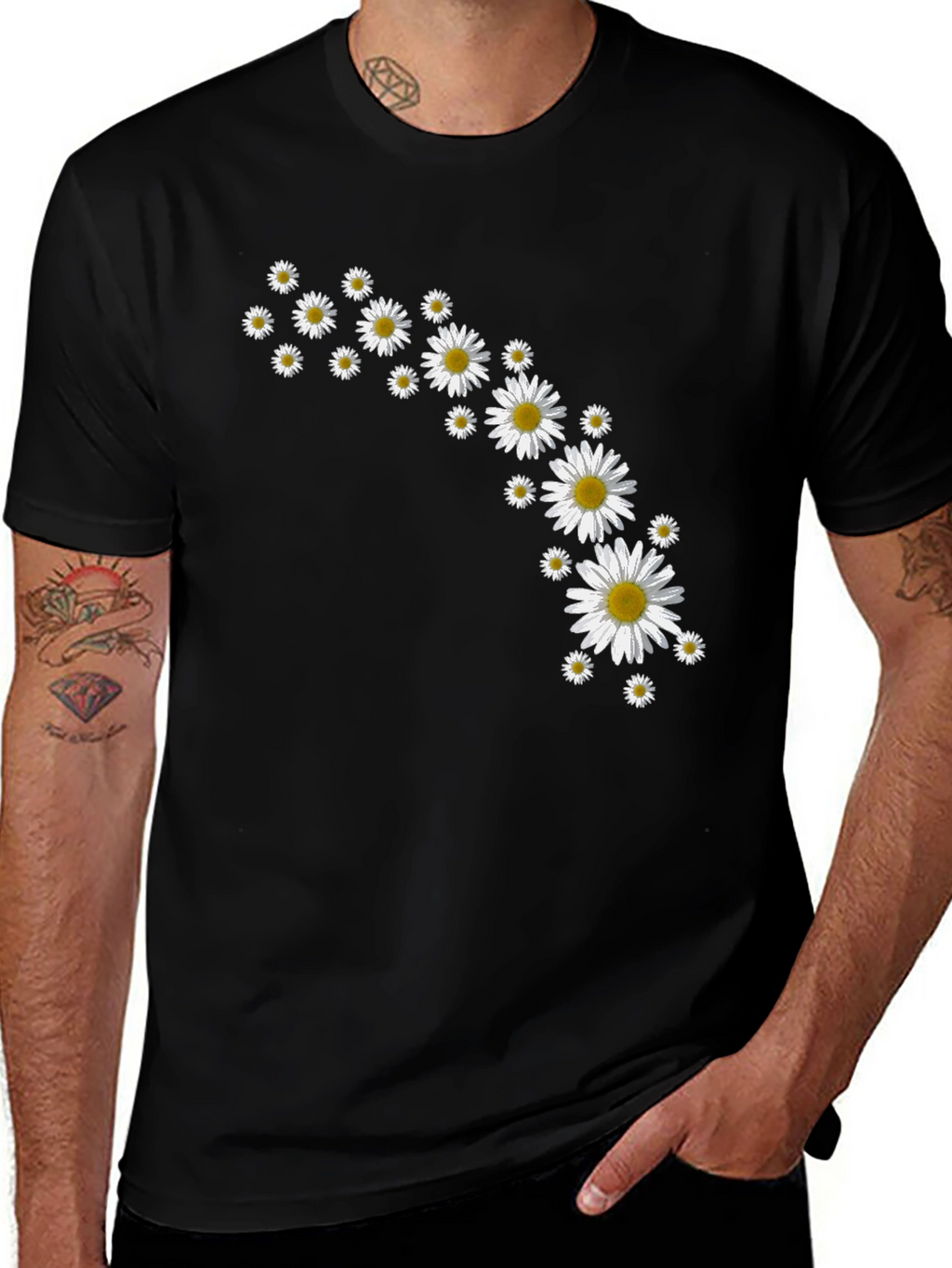 Daisy Flower Print Black T-Shirt