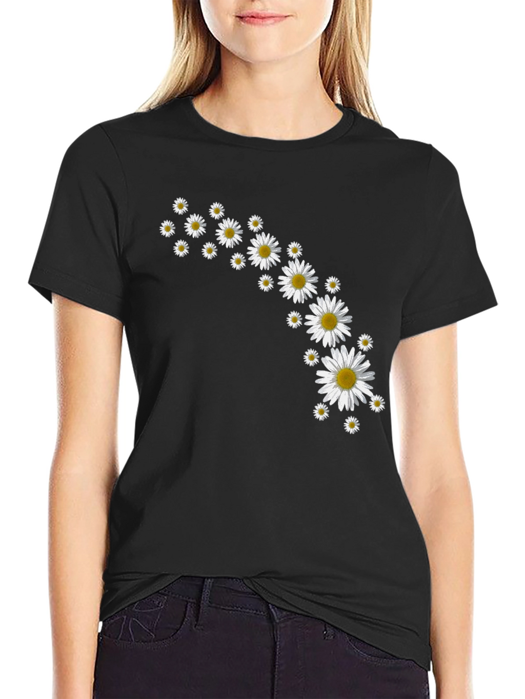 Daisy Flower Print Black T-Shirt