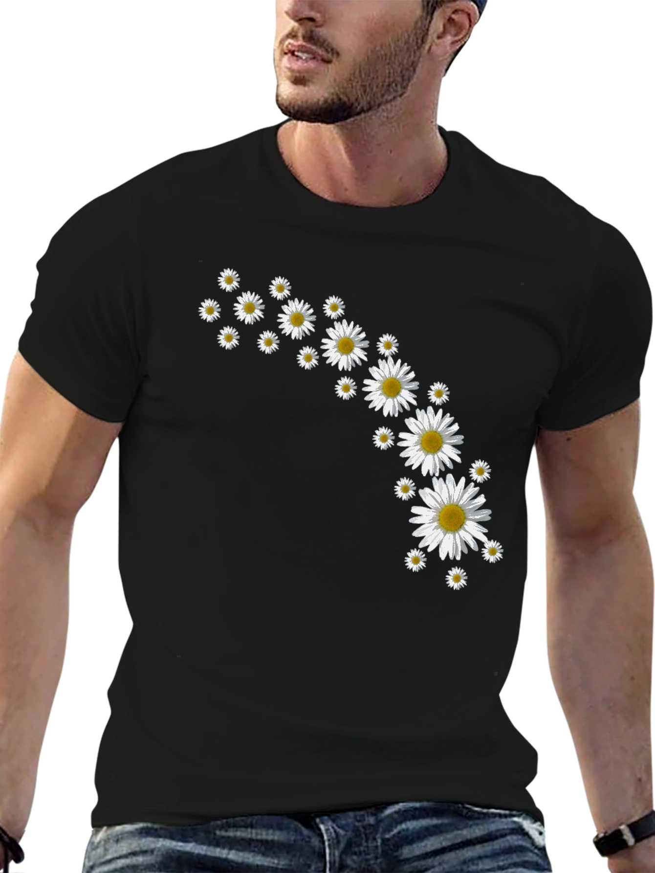 Daisy Flower Print Black T-Shirt