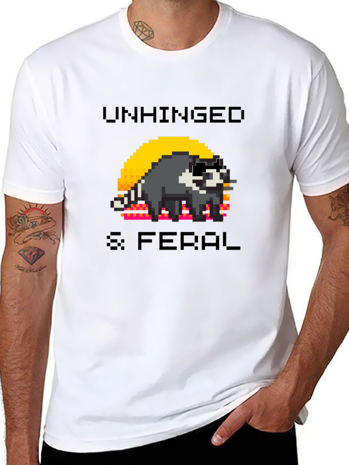 Unhinged & Feral Raccoon Pixel Art Graphic T-Shirt