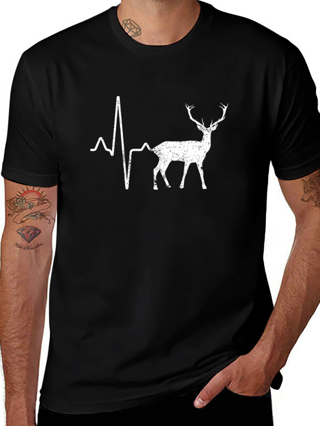 Deer Heartbeat Graphic Tee - Black Cotton T-Shirt