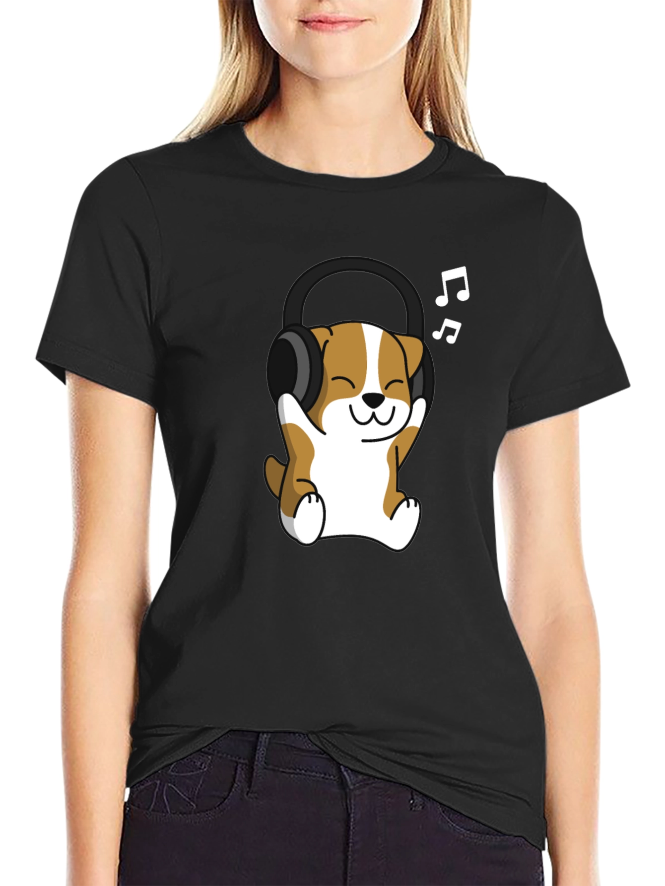 Cute Dog with Headphones Black T-Shirt