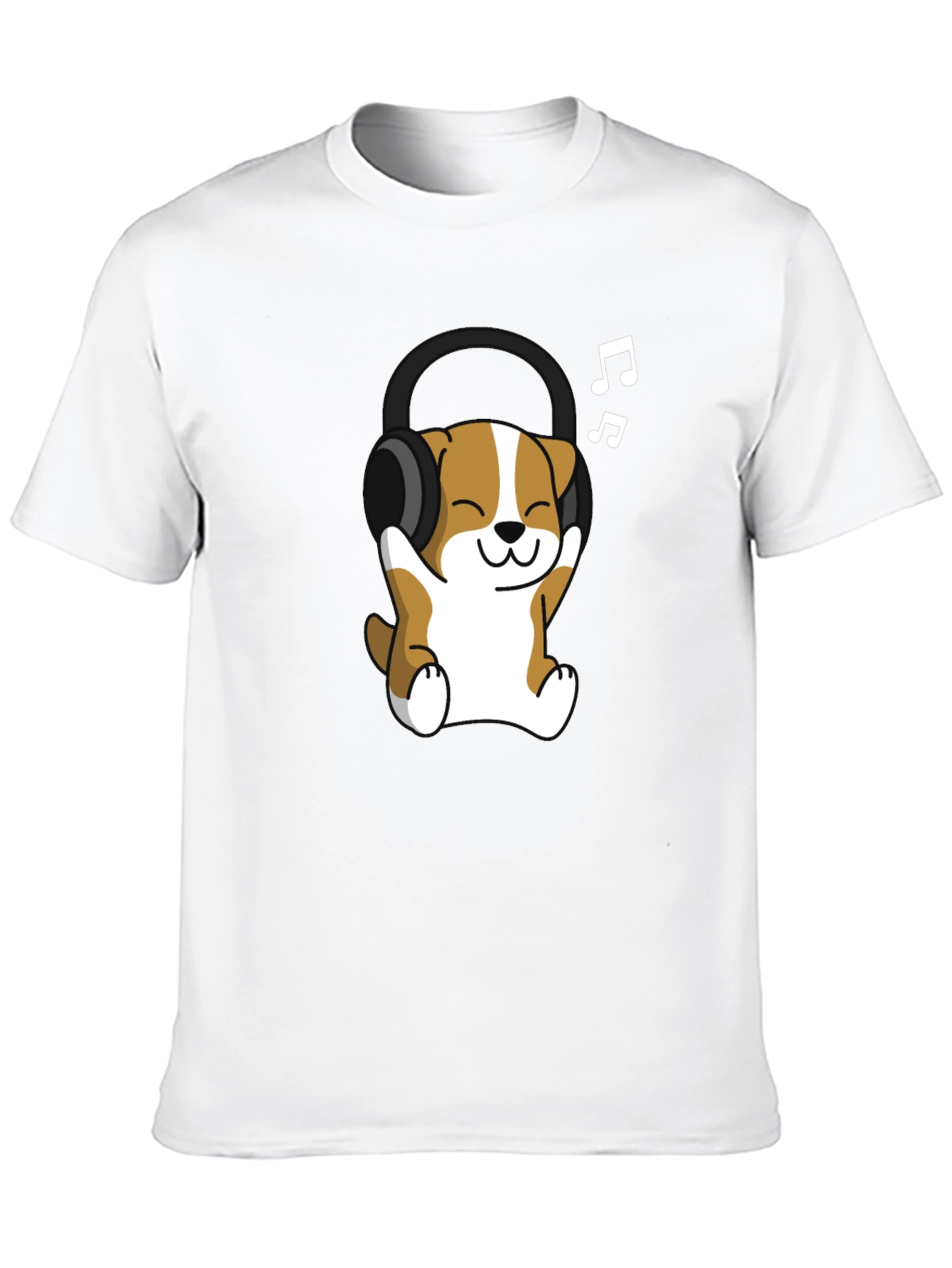 Cute Dog with Headphones Black T-Shirt