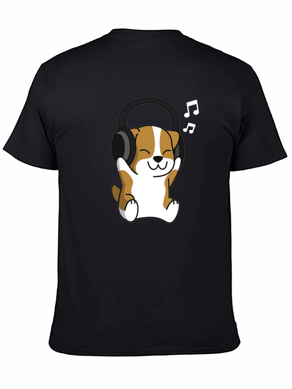 Cute Dog with Headphones Black T-Shirt