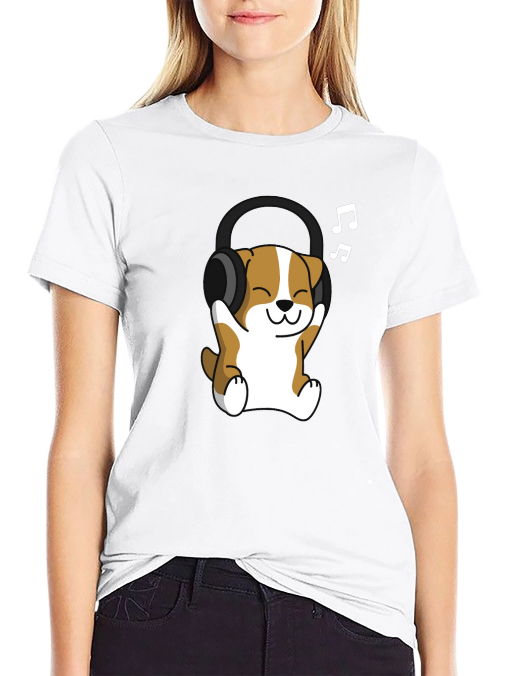 Cute Dog with Headphones Black T-Shirt