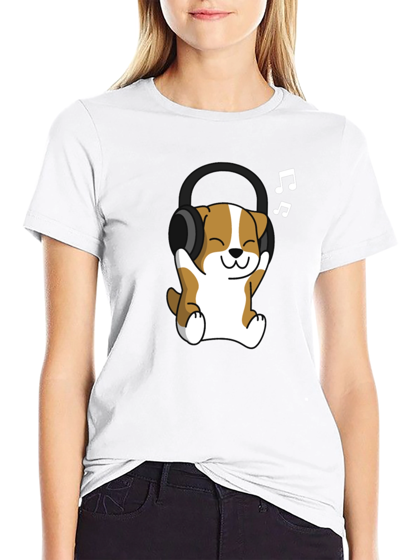 Cute Dog with Headphones Black T-Shirt