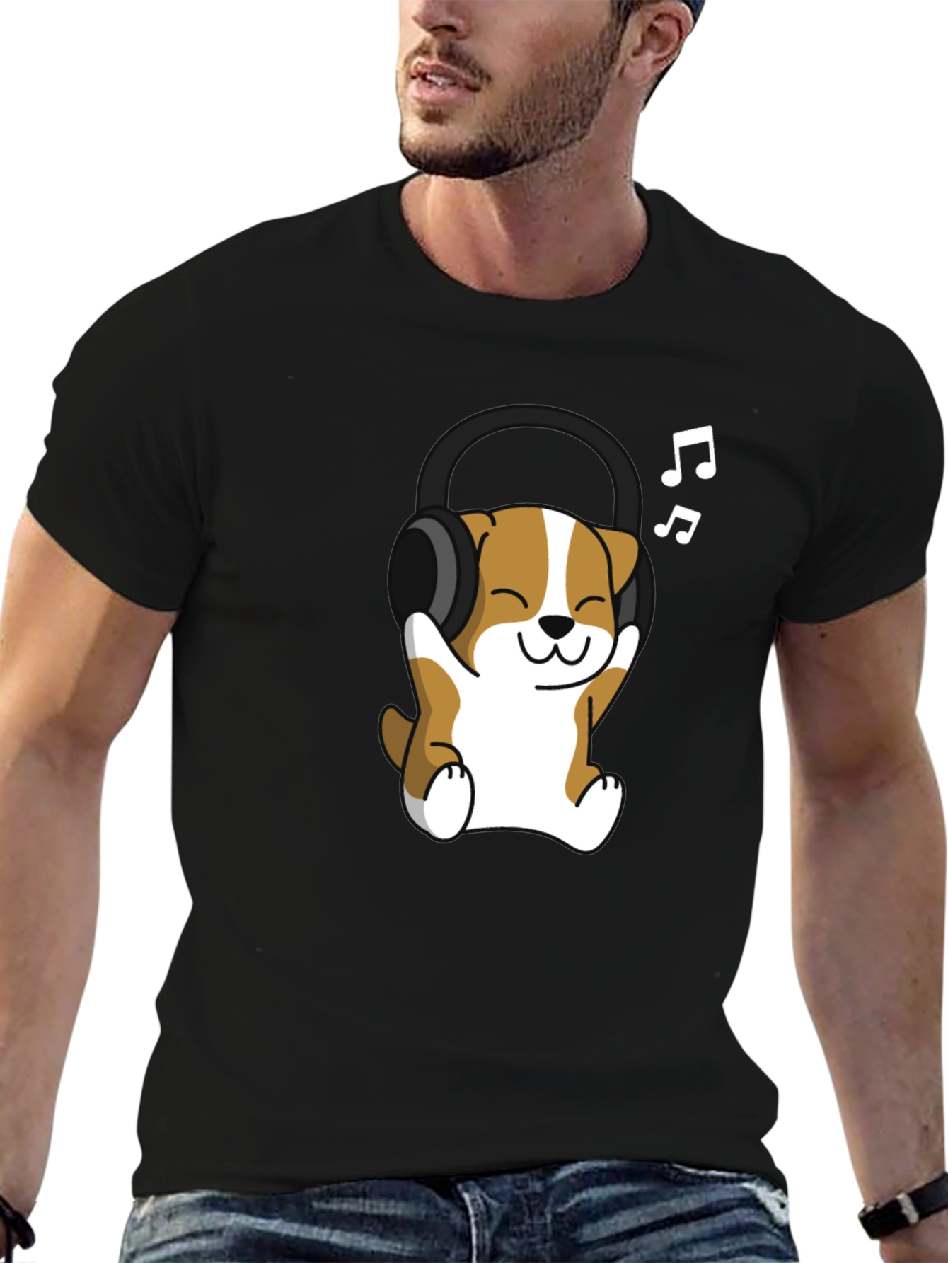 Cute Dog with Headphones Black T-Shirt