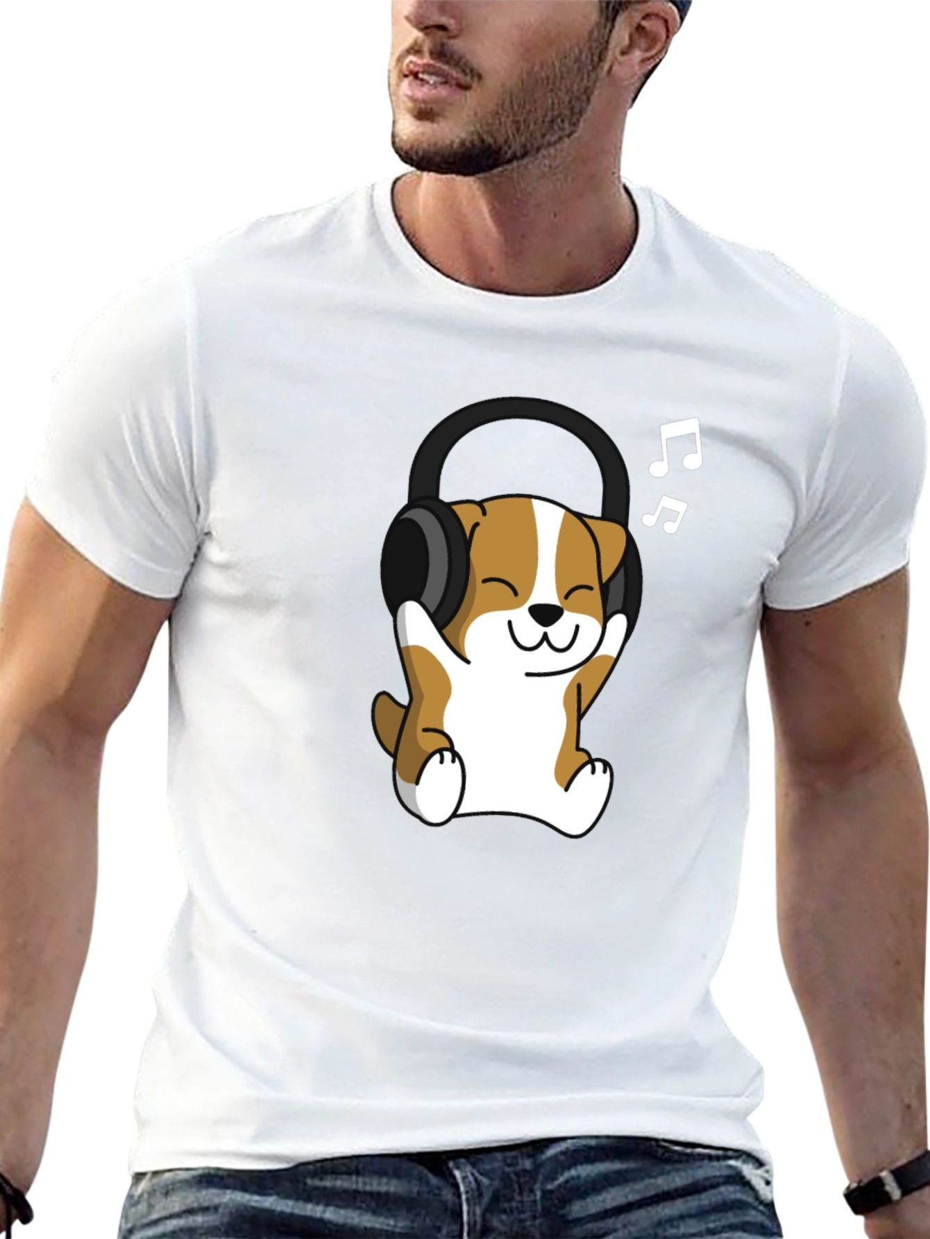 Cute Dog with Headphones Black T-Shirt