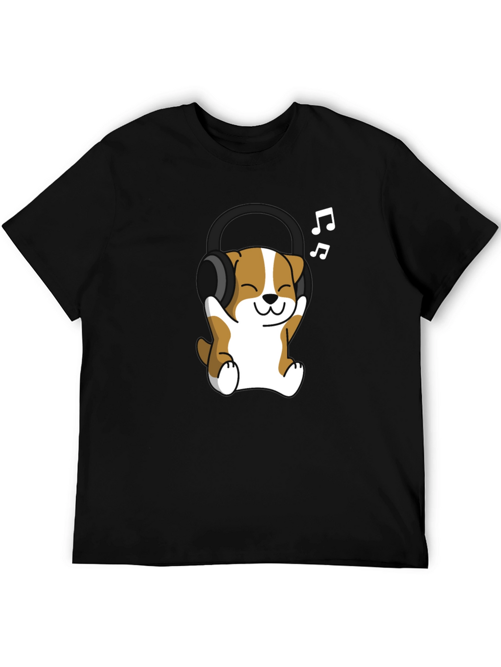 Cute Dog with Headphones Black T-Shirt