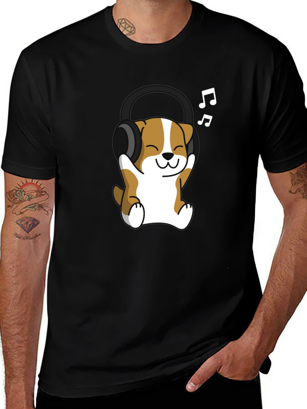 Cute Dog with Headphones Black T-Shirt