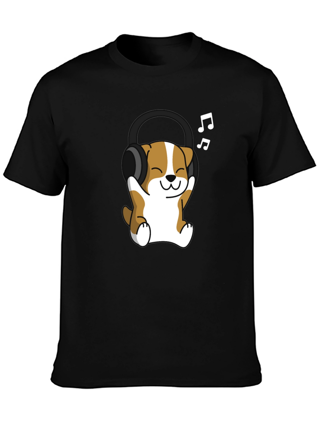 Cute Dog with Headphones Black T-Shirt