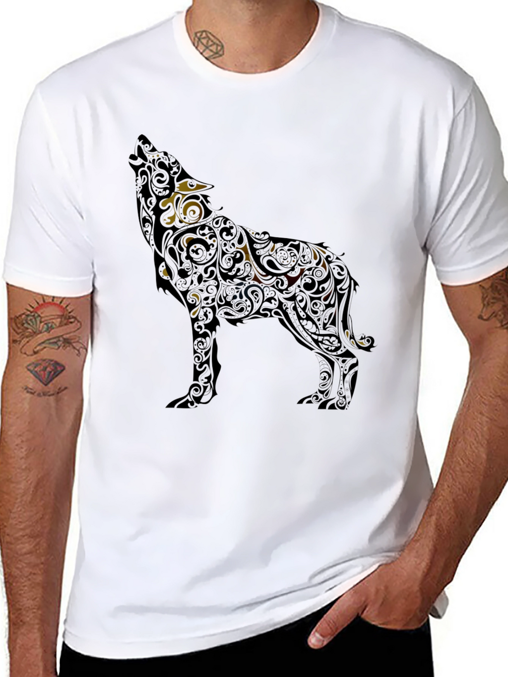 Wolf Patterned Graphic T-Shirt - Black