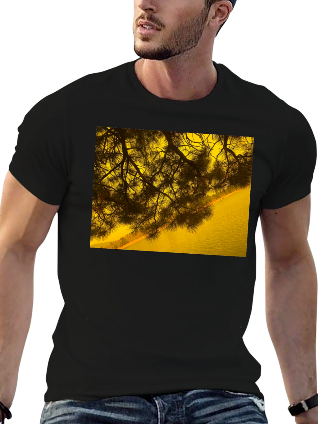 Nature Scene Graphic Tee - Black Cotton T-Shirt