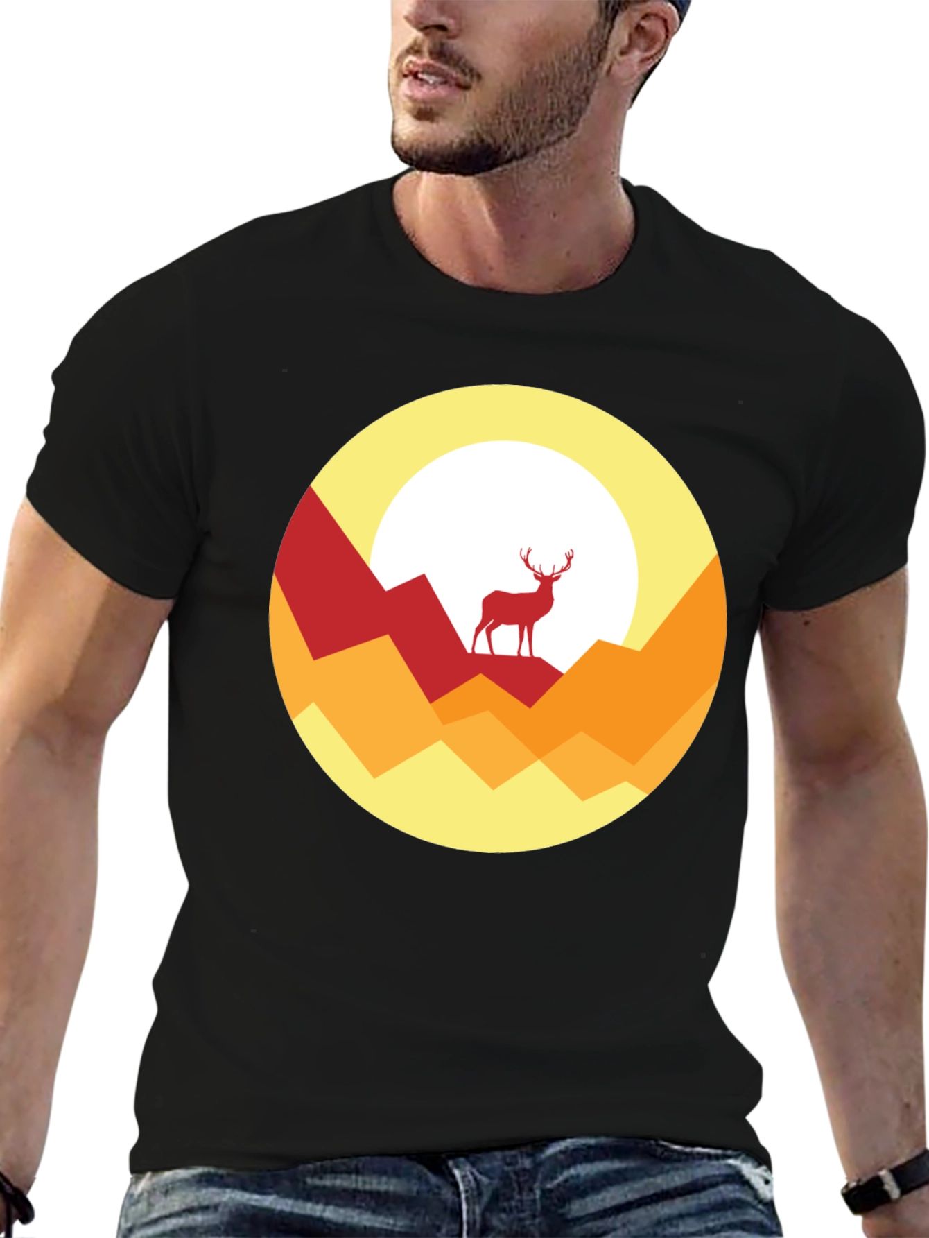 Nature Deer Graphic Tee - Stylish Mens Black T-Shirt