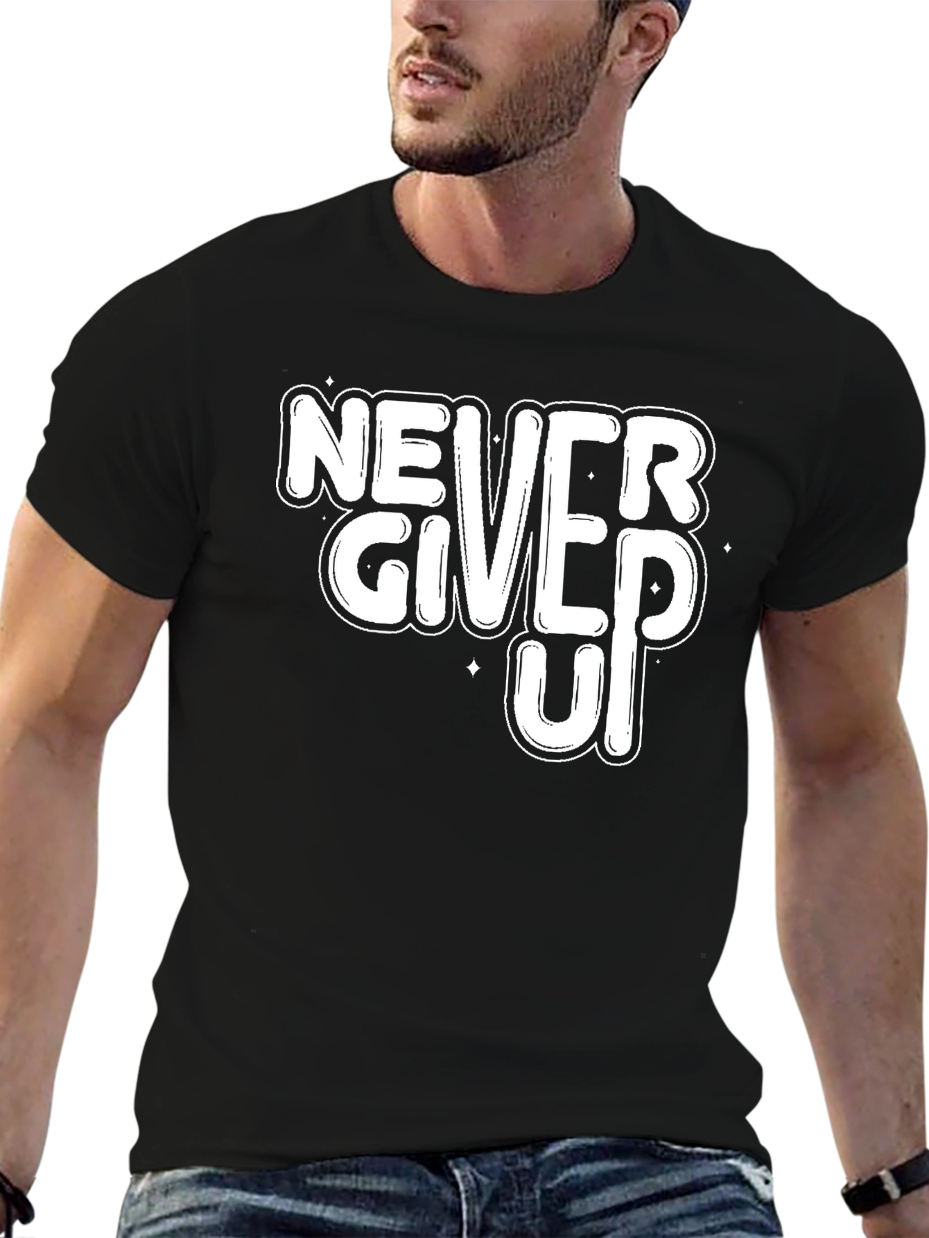 Never Give Up Motivational Black T-Shirt