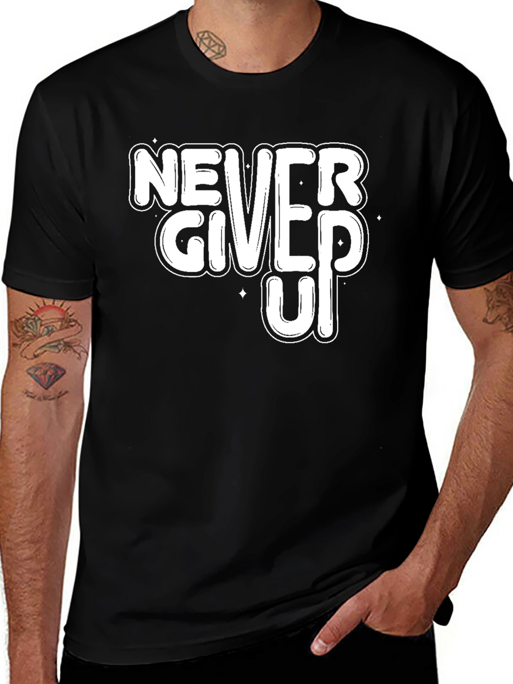 Never Give Up Motivational Black T-Shirt