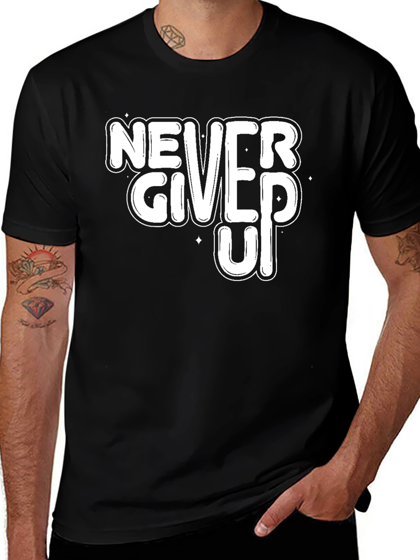 Never Give Up Motivational Black T-Shirt
