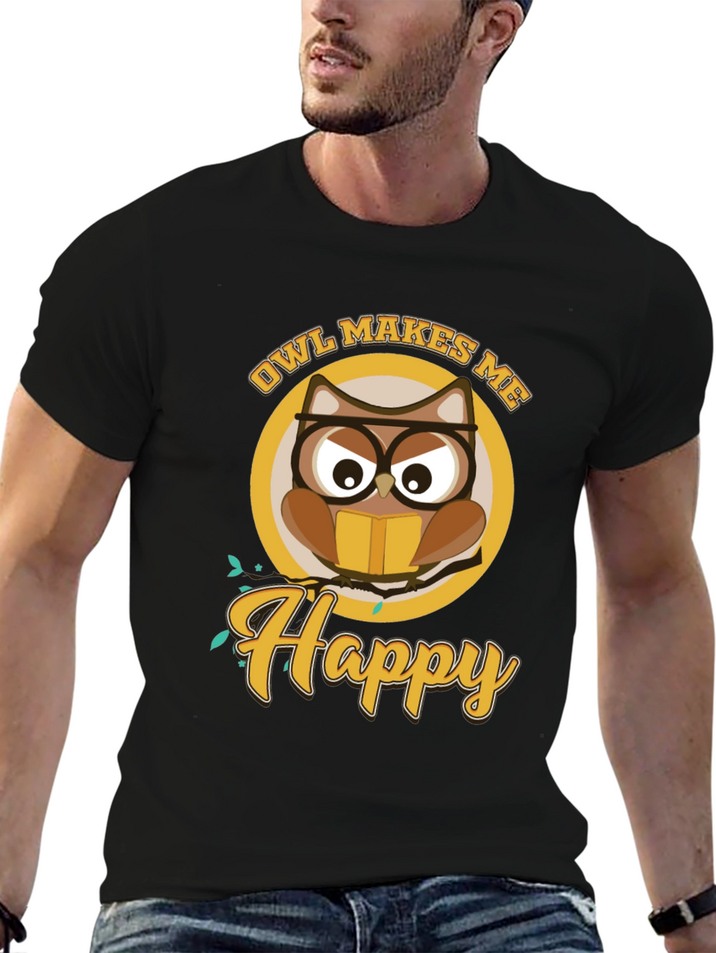 Owl Makes Me Happy Black T-Shirt