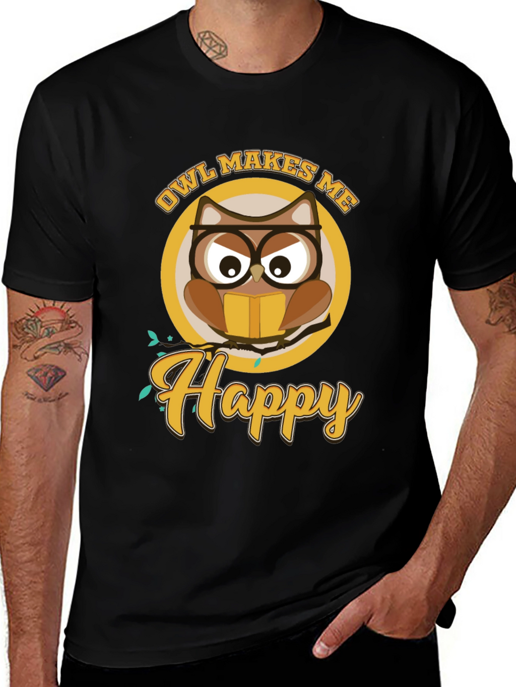 Owl Makes Me Happy Black T-Shirt