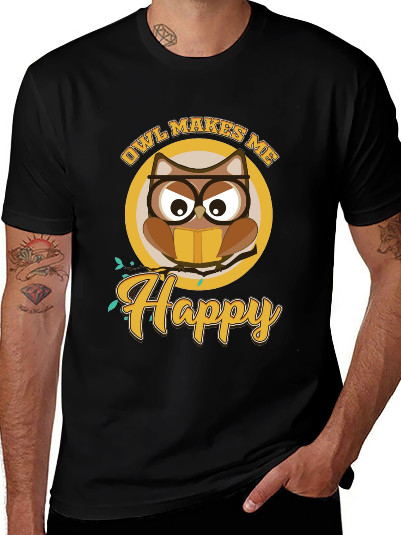 Owl Makes Me Happy Black T-Shirt