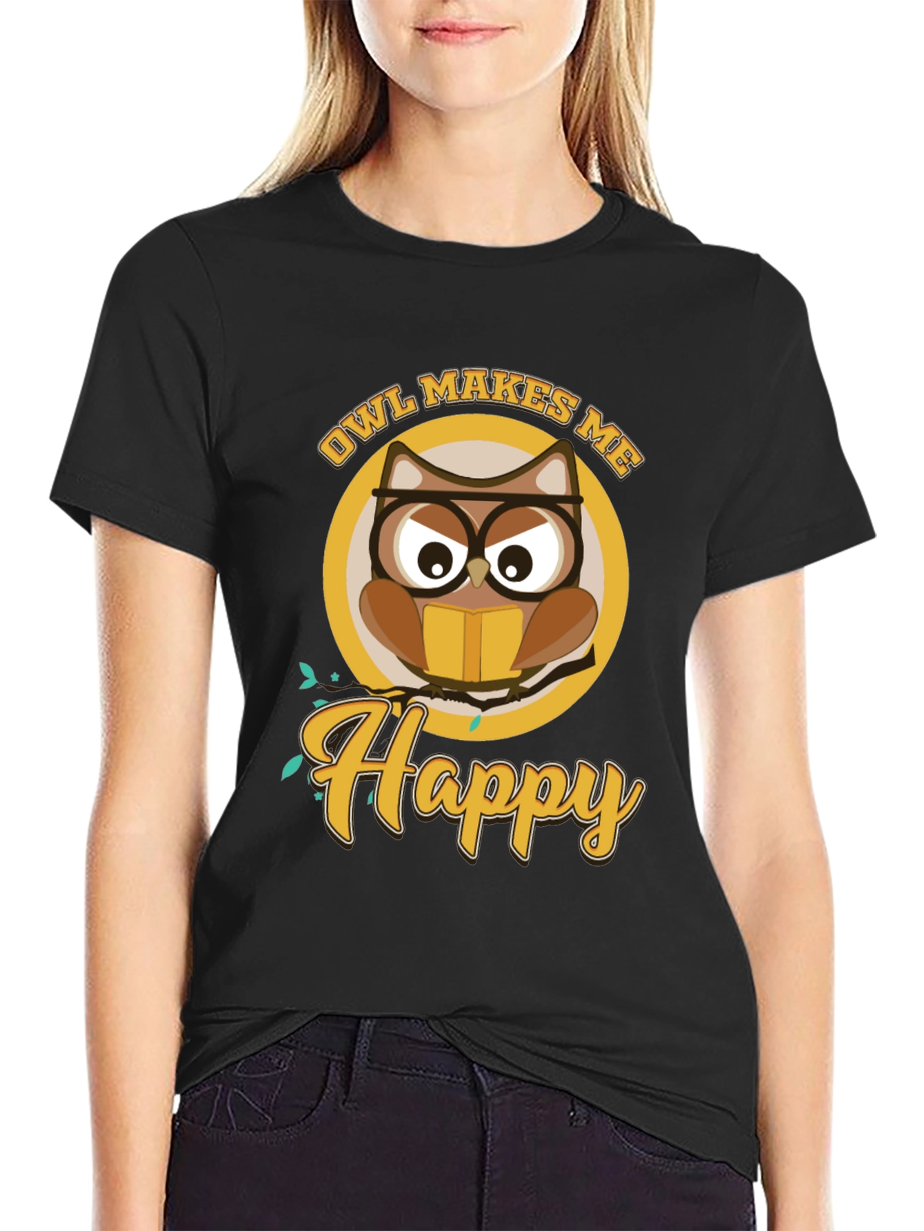 Owl Makes Me Happy Black T-Shirt