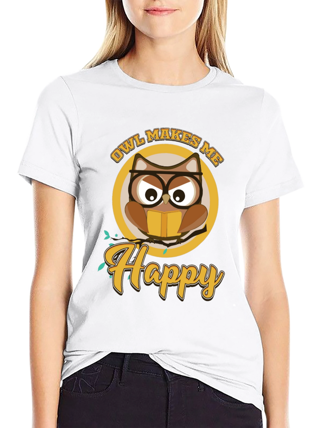 Owl Makes Me Happy Black T-Shirt