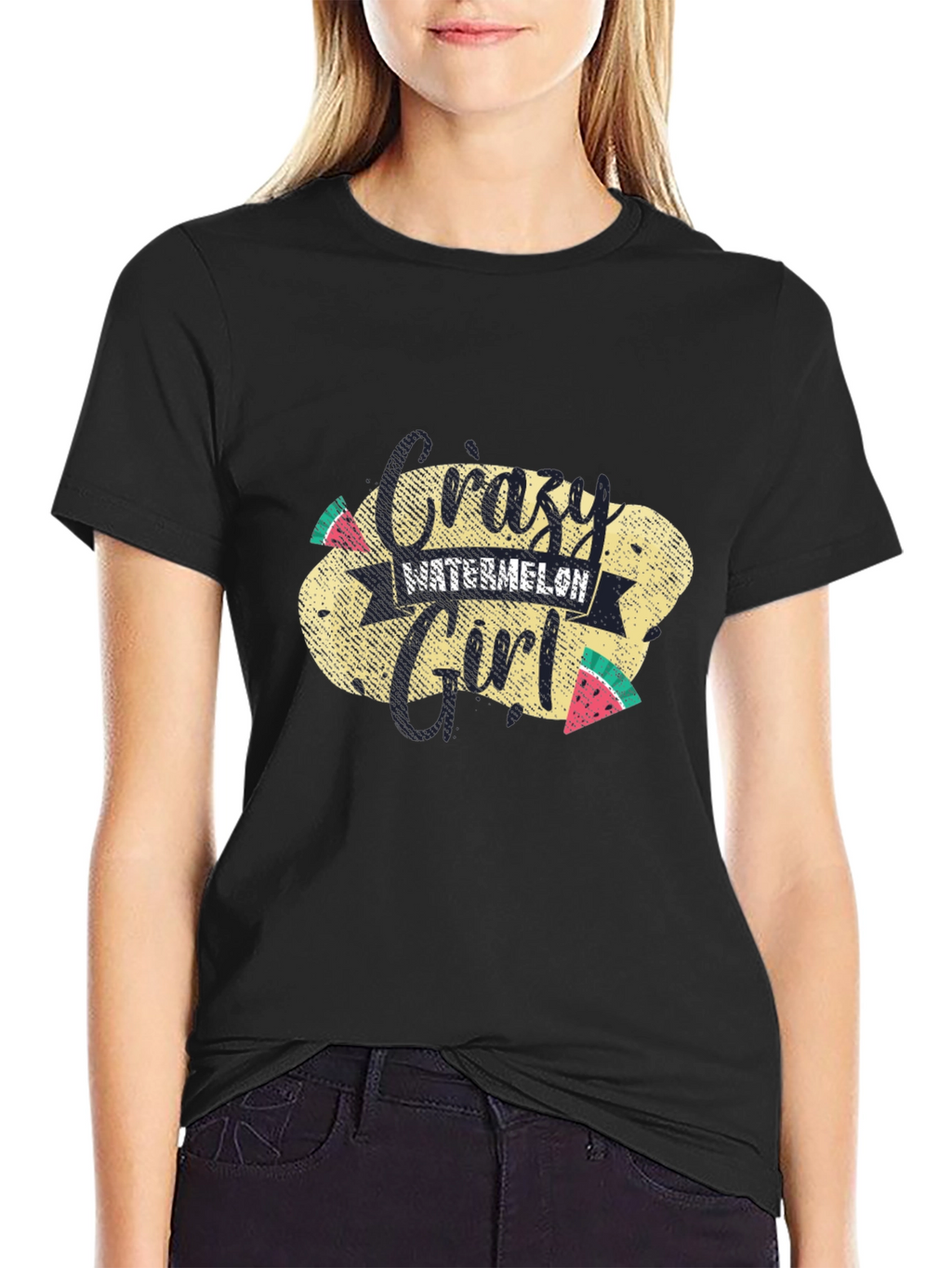 Crazy Watermelon Girl T-Shirt - Black Cotton Tee