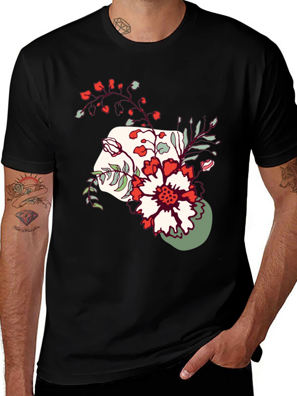 Floral Graphic Tee - Mens Casual Black T-Shirt