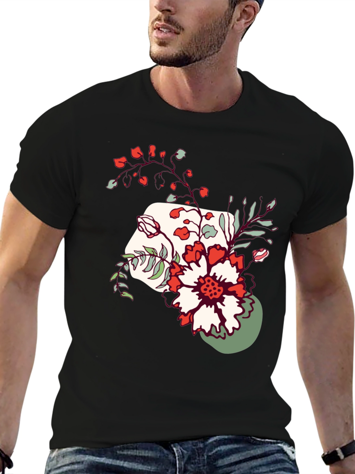 Floral Graphic Tee - Mens Casual Black T-Shirt