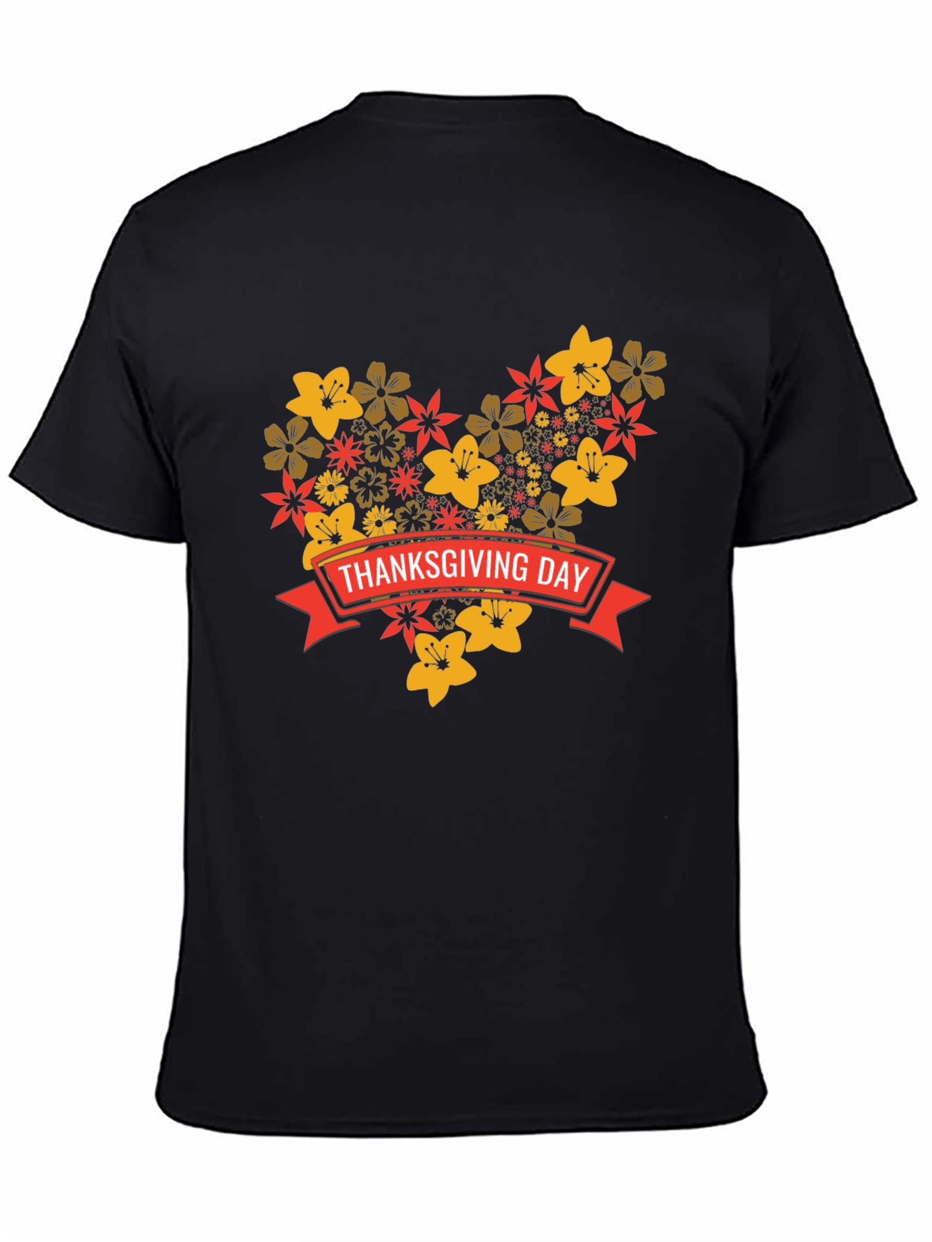 Thanksgiving Day Floral Heart T-Shirt - Black