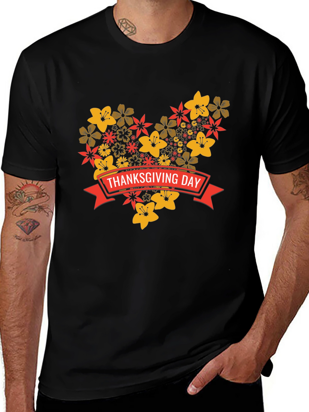 Thanksgiving Day Floral Heart T-Shirt - Black