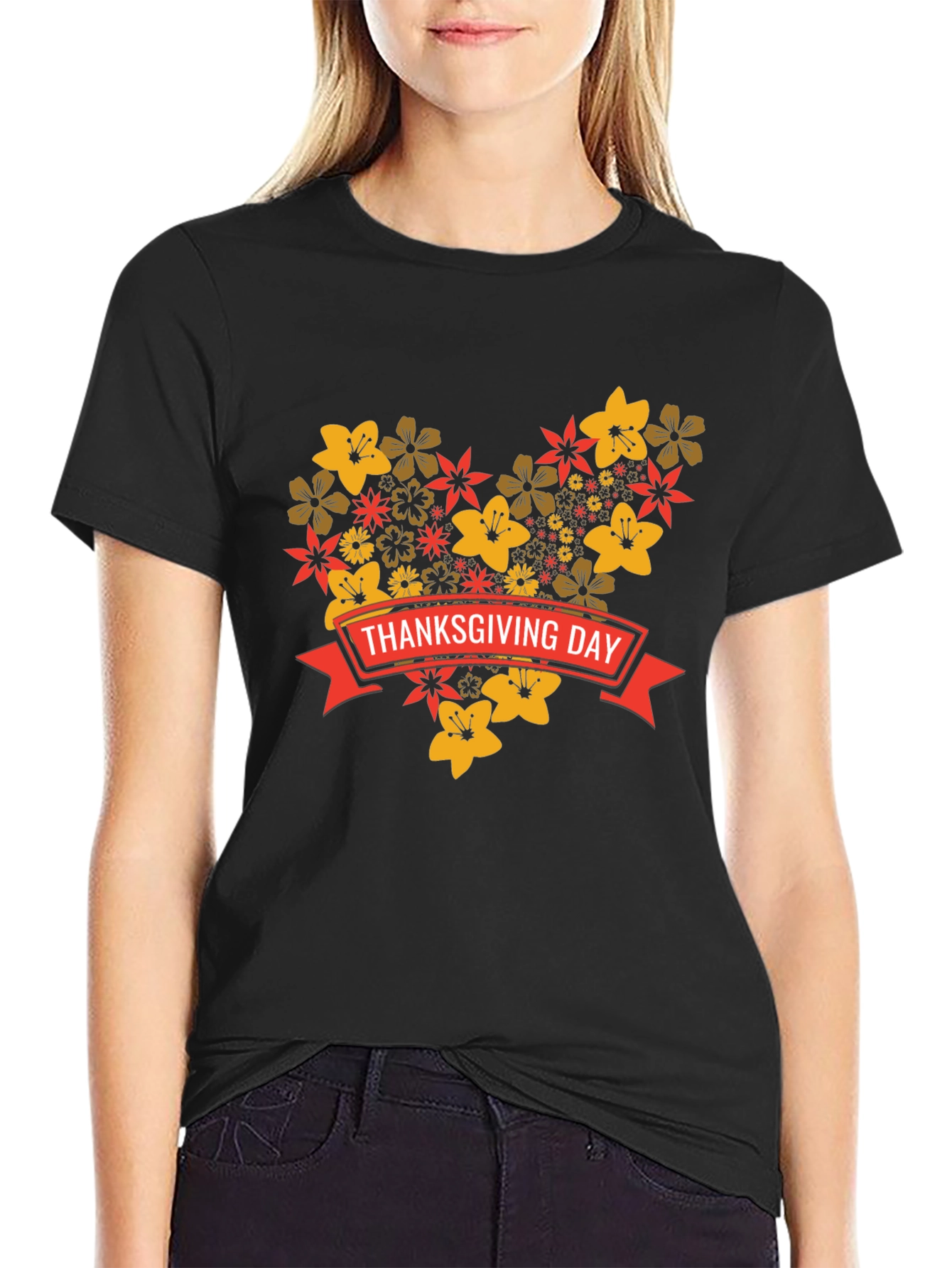 Thanksgiving Day Floral Heart T-Shirt - Black