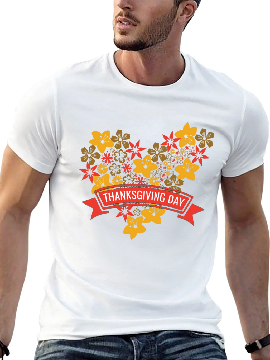 Thanksgiving Day Floral Heart T-Shirt - Black
