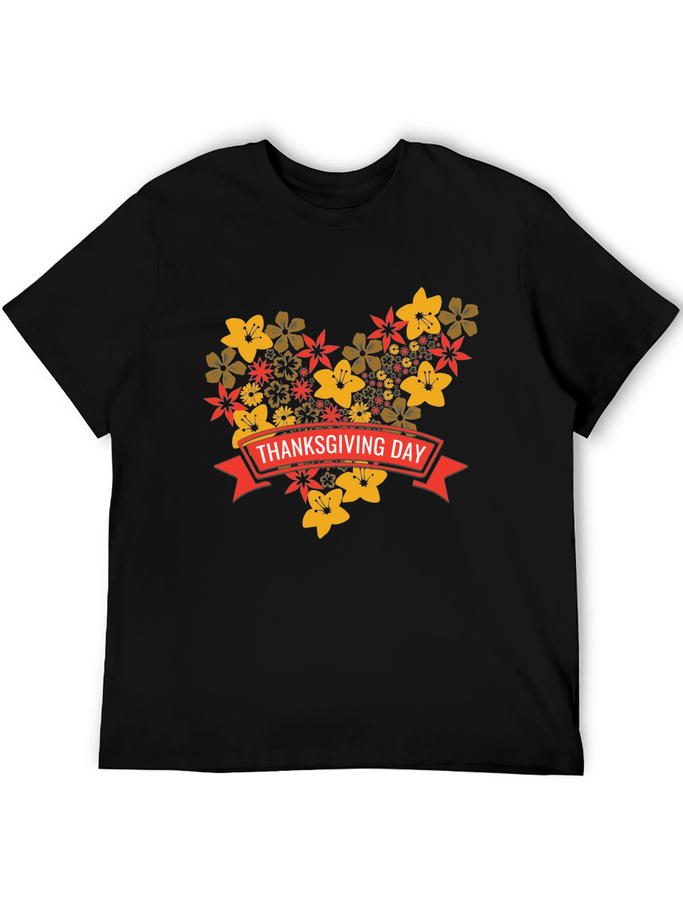 Thanksgiving Day Floral Heart T-Shirt - Black
