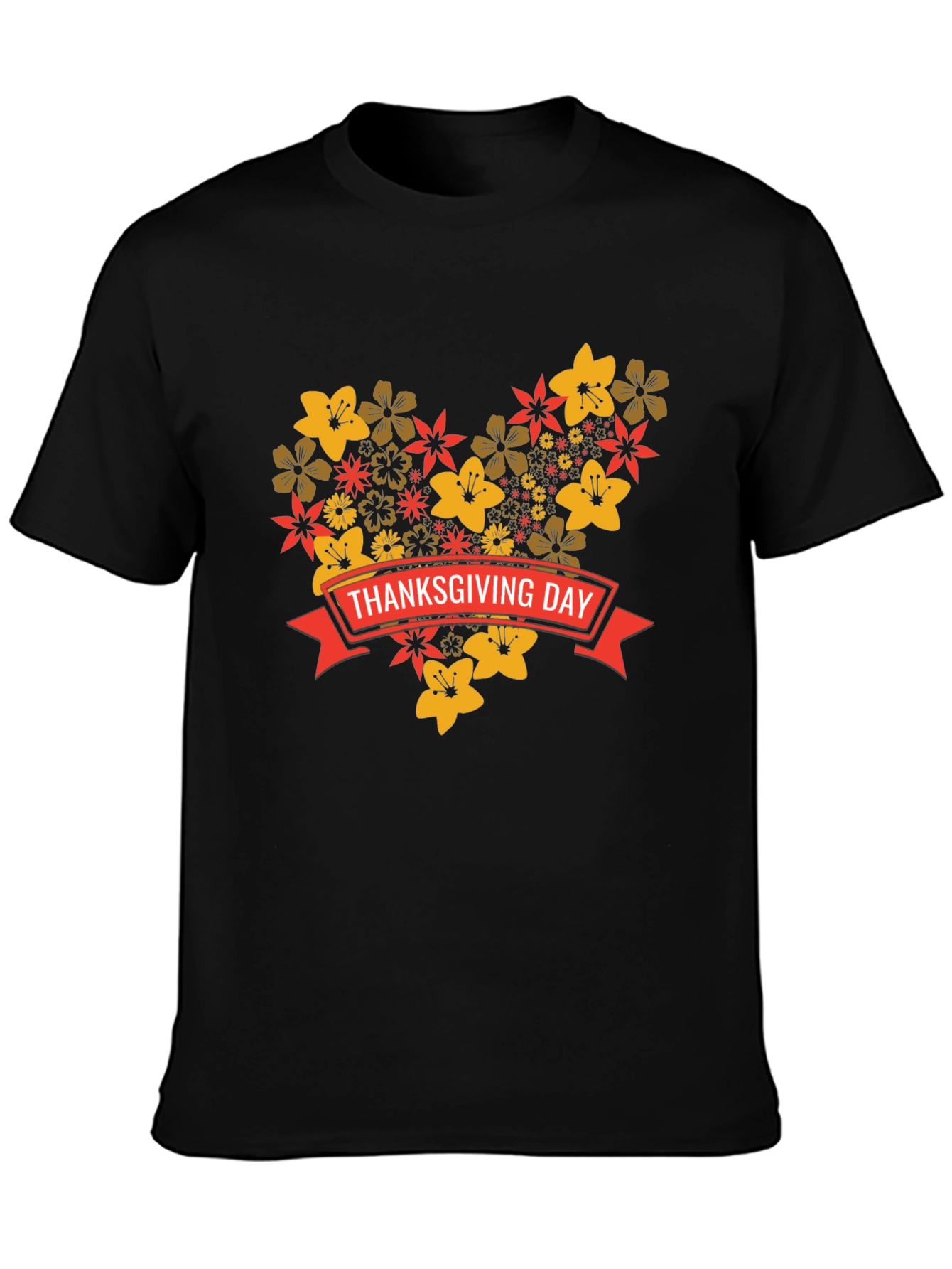 Thanksgiving Day Floral Heart T-Shirt - Black