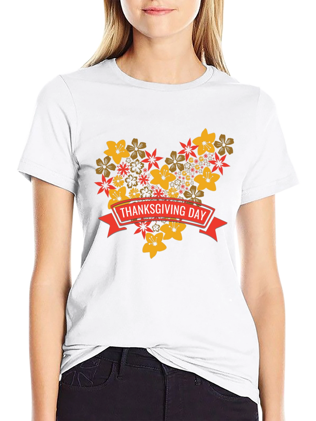 Thanksgiving Day Floral Heart T-Shirt - Black