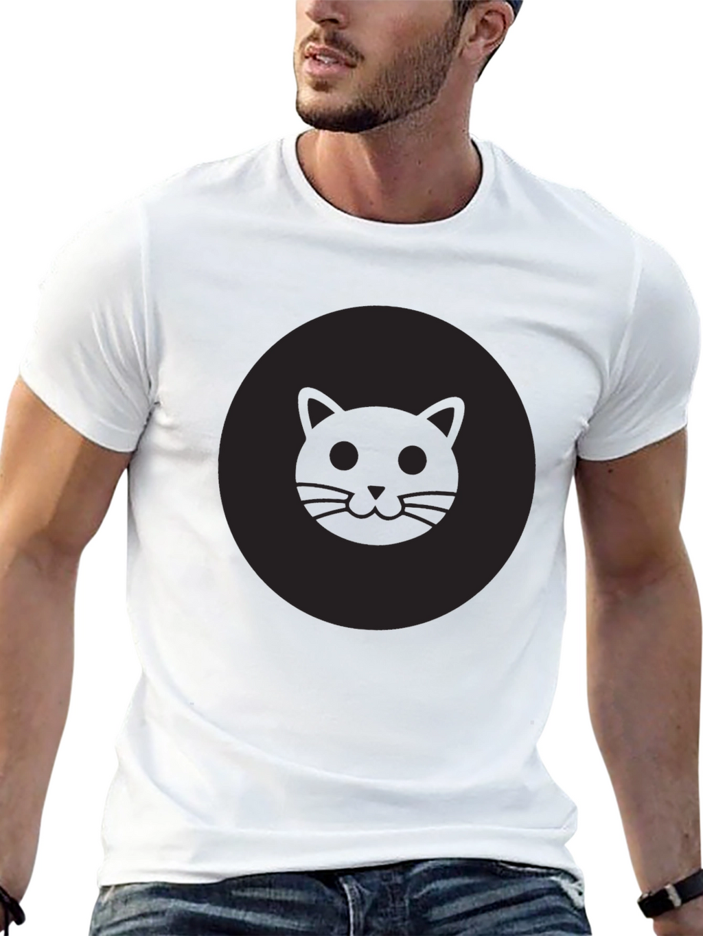 Mens Black Cat Face Graphic Crew Neck T-Shirt