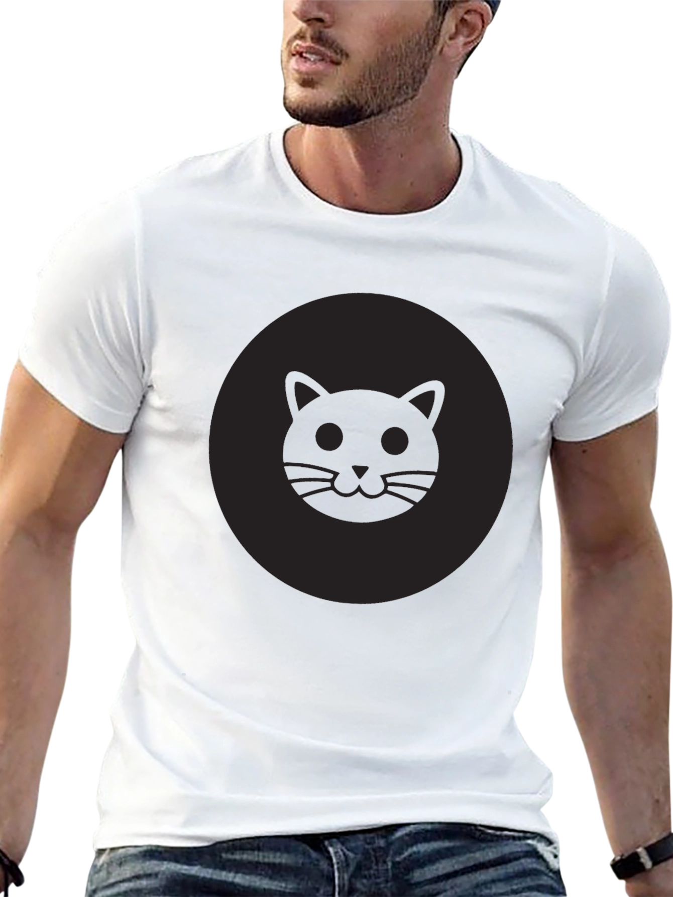 Mens Black Cat Face Graphic Crew Neck T-Shirt