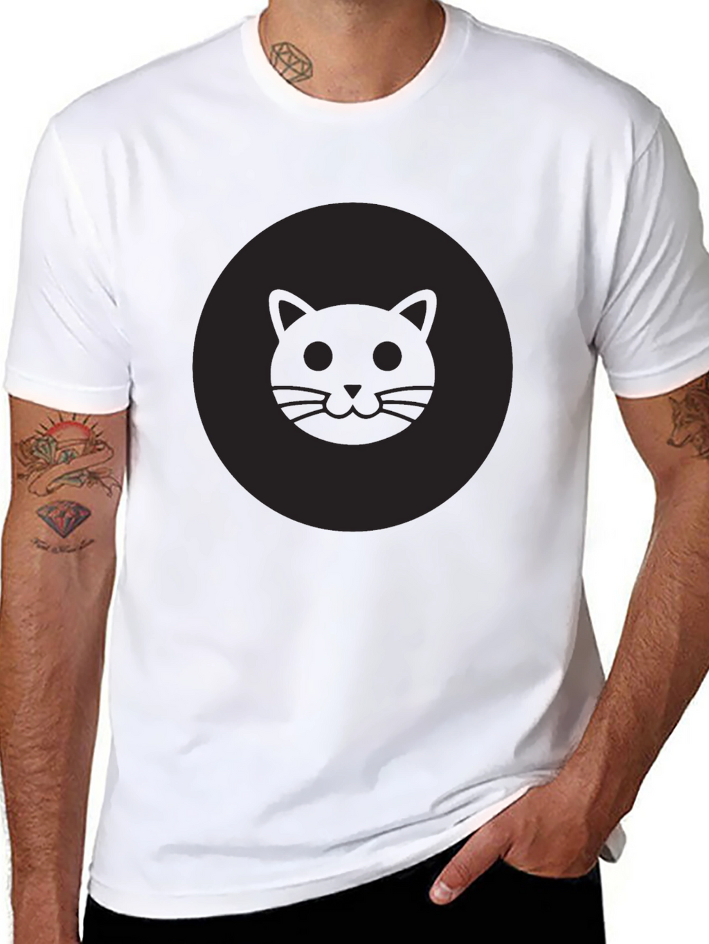 Mens Black Cat Face Graphic Crew Neck T-Shirt