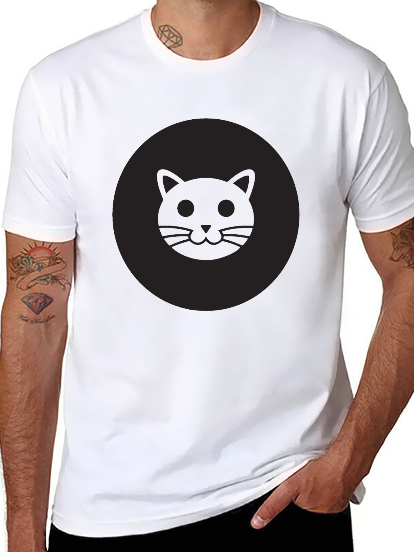 Mens Black Cat Face Graphic Crew Neck T-Shirt